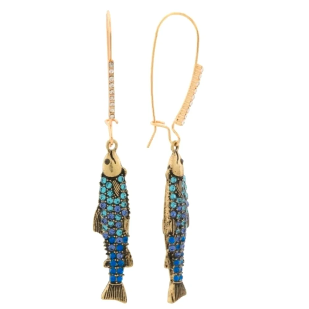 🐟▪️BETSEY JOHNSON▪️ Crystal Sardine Fish Dangle Earrings NEW